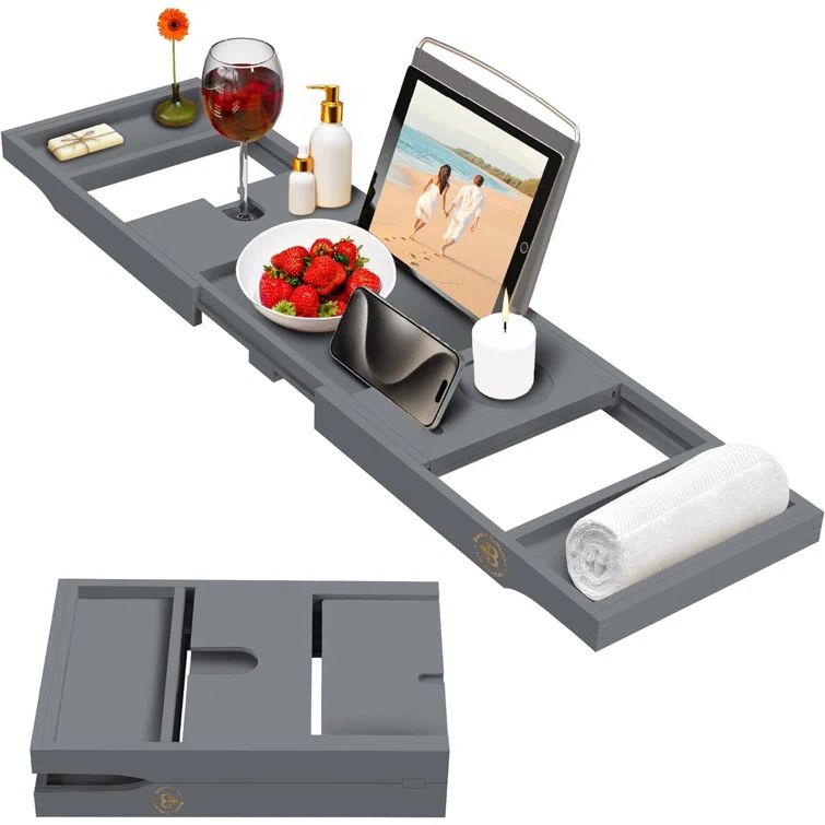 Adjustable Gray Bamboo Freestanding Bathtub Tray Caddy
