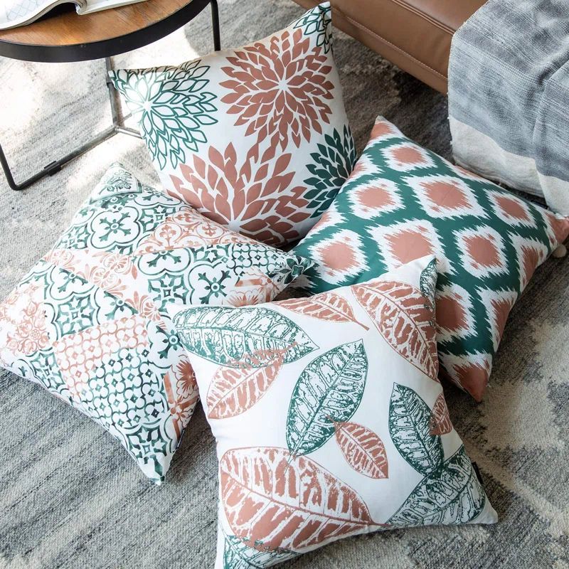 Set of 4 Purple and White Polyester Square Throw Pillows