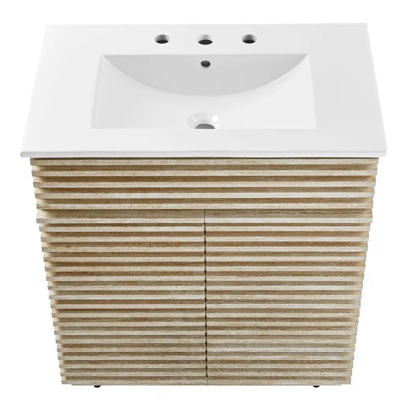 White Faux Travertine Slatted 30" Bathroom Vanity with Ceramic Sink