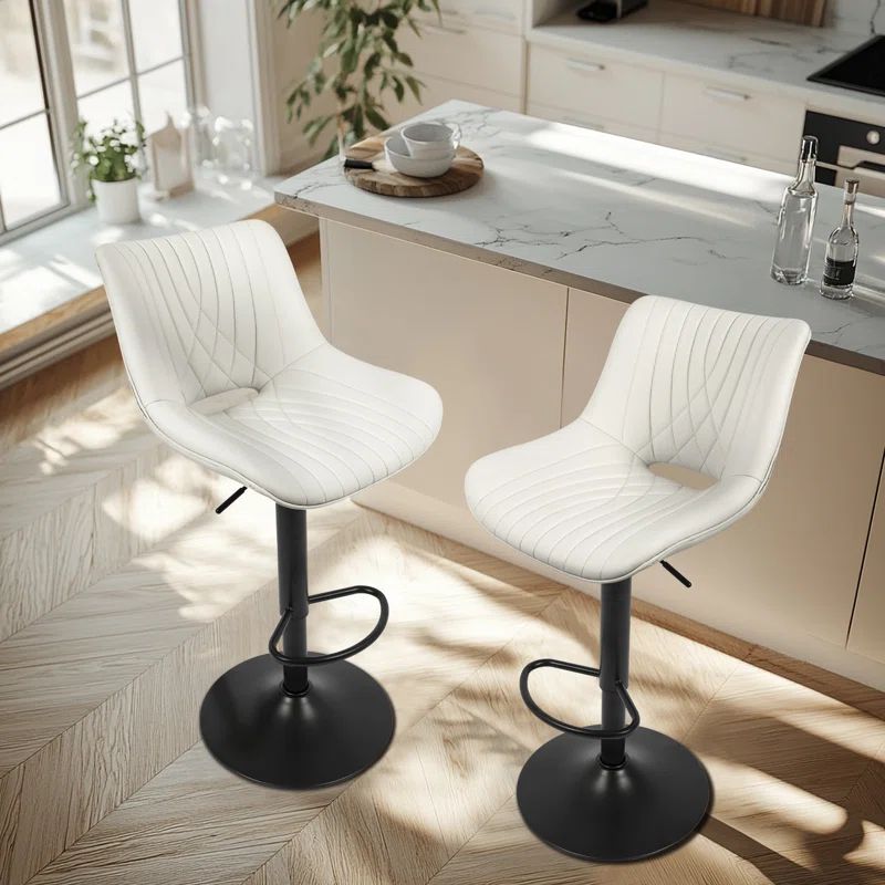 White Adjustable Swivel Faux Leather Counter Stools with Metal Base