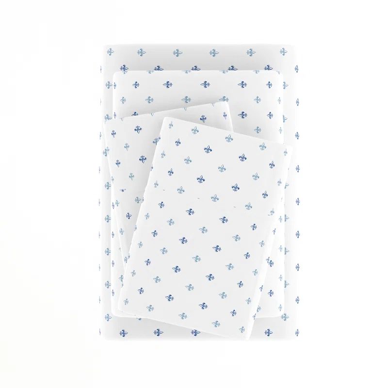 Twin White and Blue Fleur De Lis Microfiber Sheet Set