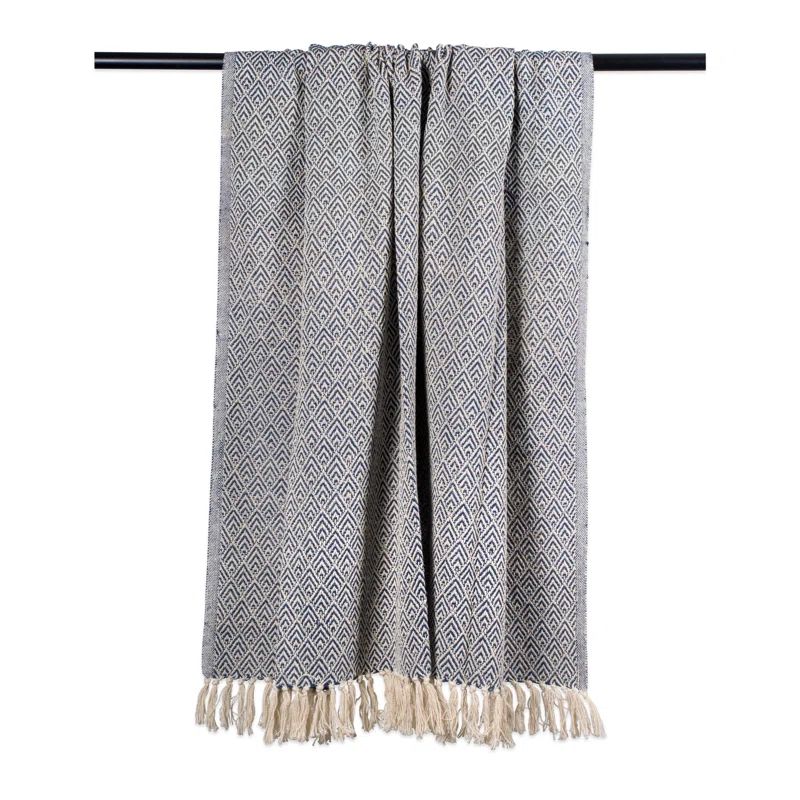 Nautical Blue Cotton Diamond Throw Blanket with Fringe