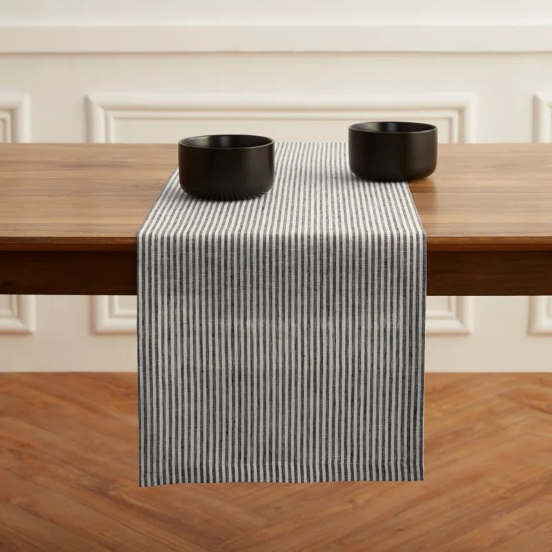 Black and White Narrow Stripe Linen Table Runner 14 x 90 Inch