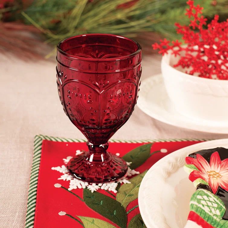 Vintage Red Embossed Glass Goblet Set of Four
