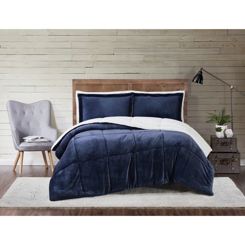 Indigo Twin Reversible Microfiber Comforter Set with Sherpa
