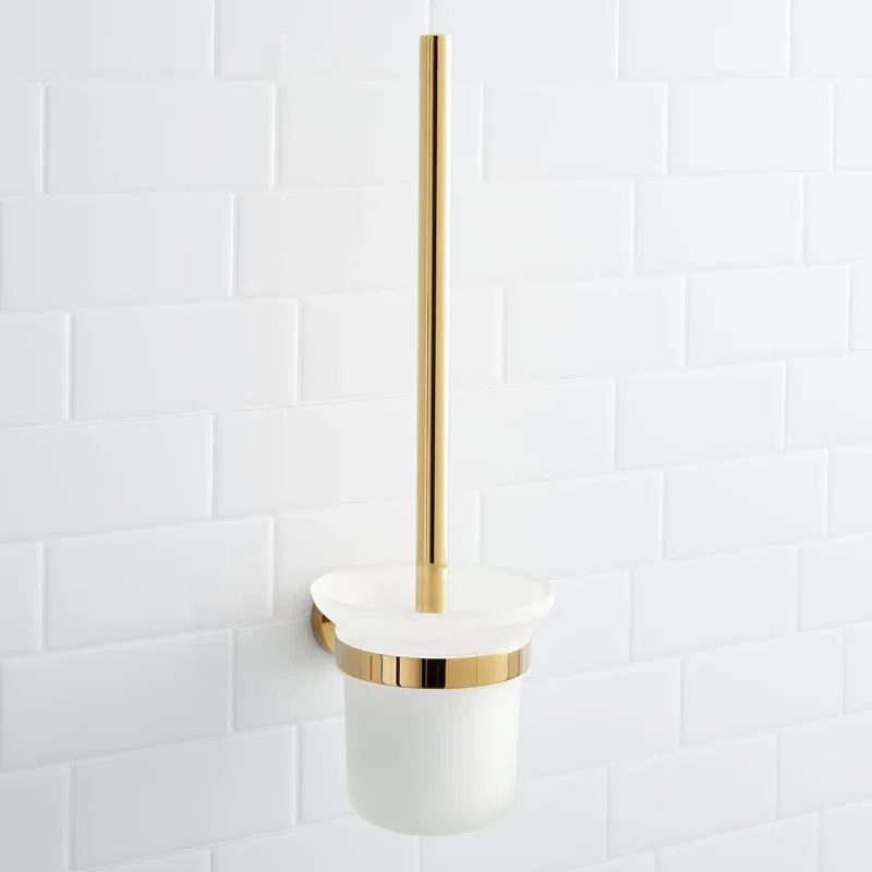 Polished Brass Wall Mounted Toilet Brush with Frosted Glass Holder