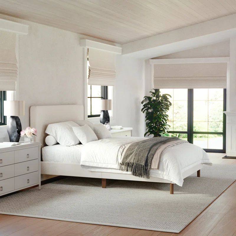 Beige Full Linen Upholstered Platform Bed with Walnut Legs