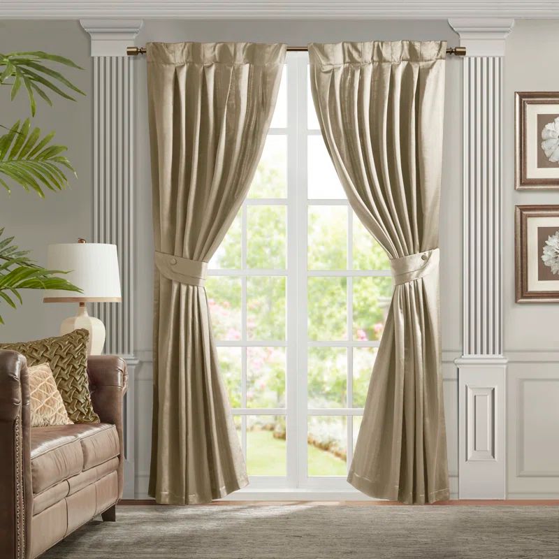 Champagne Satin Pleated Window Curtain Panel with Tieback, 26" W x 84" L