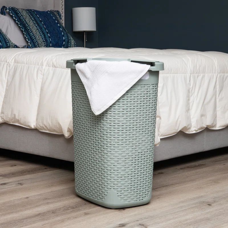 Mint Green Wicker Design Rectangular Portable Laundry Hamper with Lid