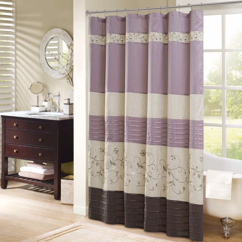 Purple Faux Silk Embroidered Floral Shower Curtain