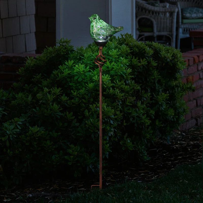 Green Hand Blown Glass Bird Garden Stake with Solar LED Light