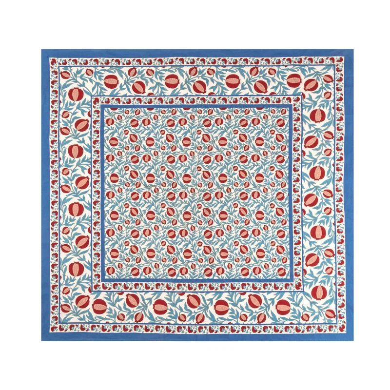 Handmade Red and Blue Floral Square Linen Tablecloth