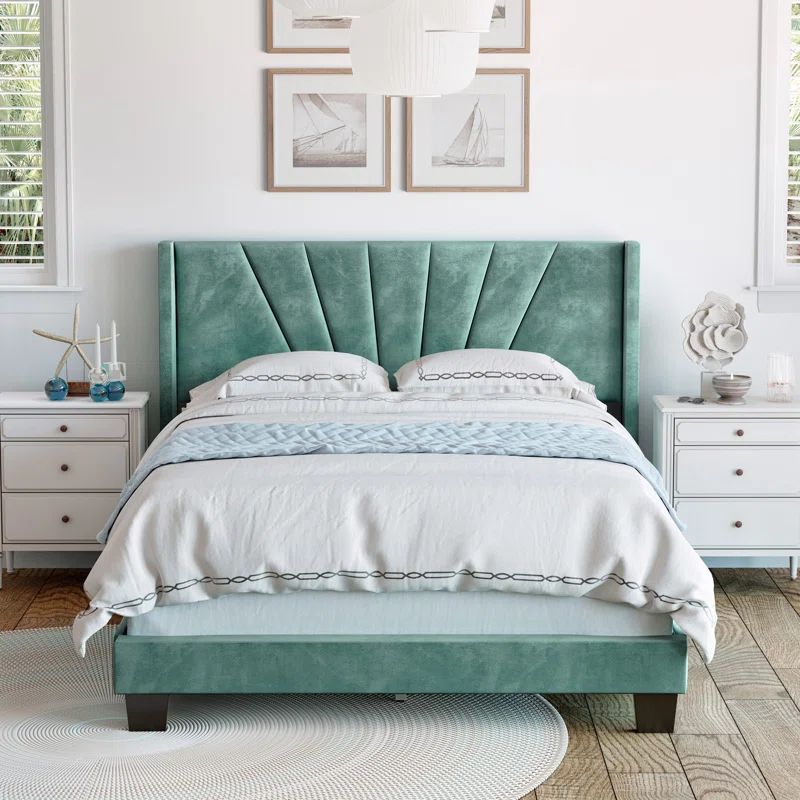 Sapphira Queen Aqua Velvet Upholstered Platform Bed with Tufted Headboard