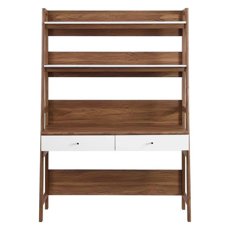 Walnut White Wood Office Desk with Bookshelf and Drawer