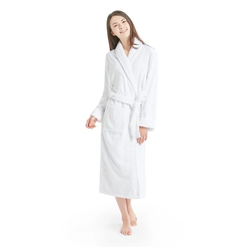 White Cotton Terry Cloth Mid-Calf Bathrobe with Tie Belt