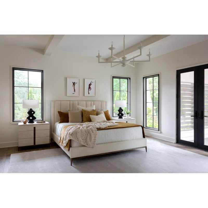 Cream Upholstered King Bed with Tufted Headboard and Wood Frame