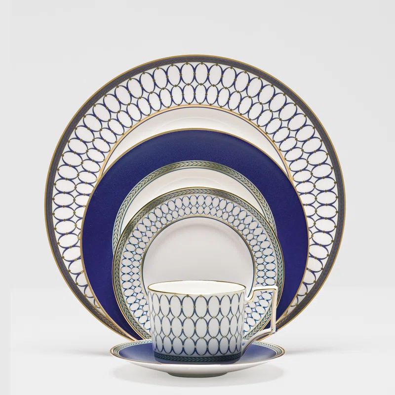 Navy and Gold Geometric Porcelain 5-Piece Place Setting
