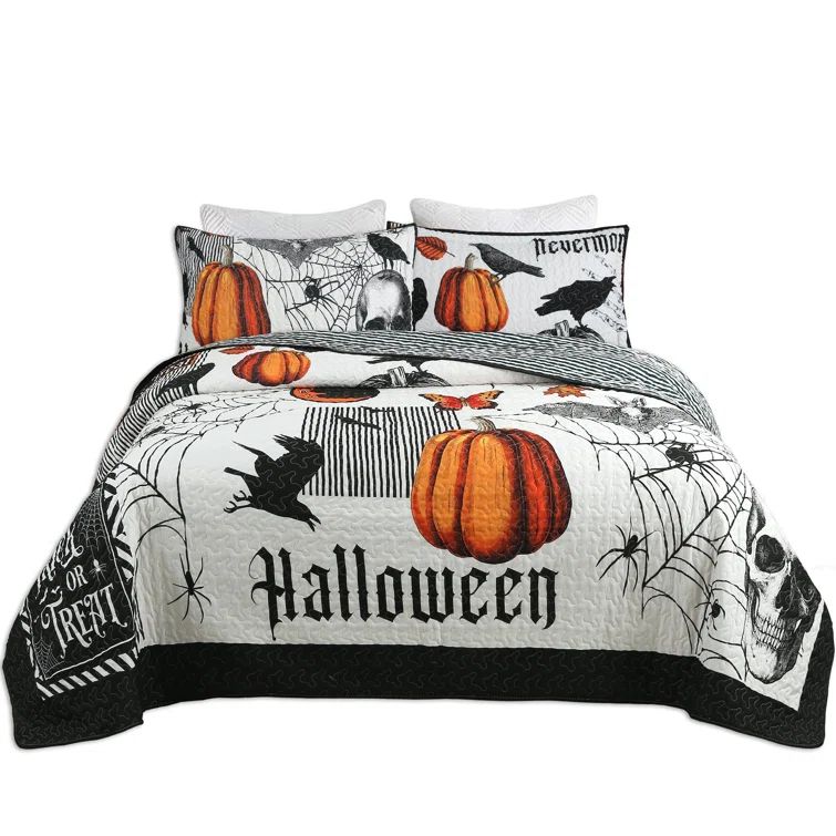 Halloween Themed Black and Orange Polyester Quilt Set