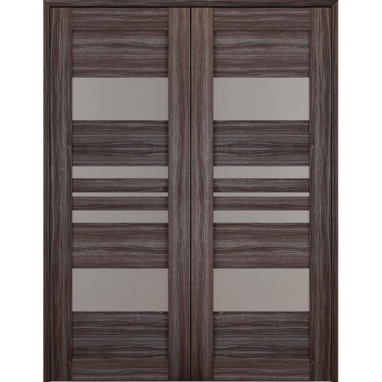 Romi 79.38'' Brown and Gray Oak Composite Prehung French Doors with Frosted Glass