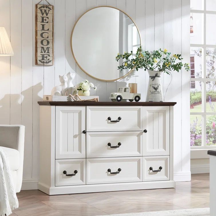 White Farmhouse Wood Dresser with Rustic Metal Handles