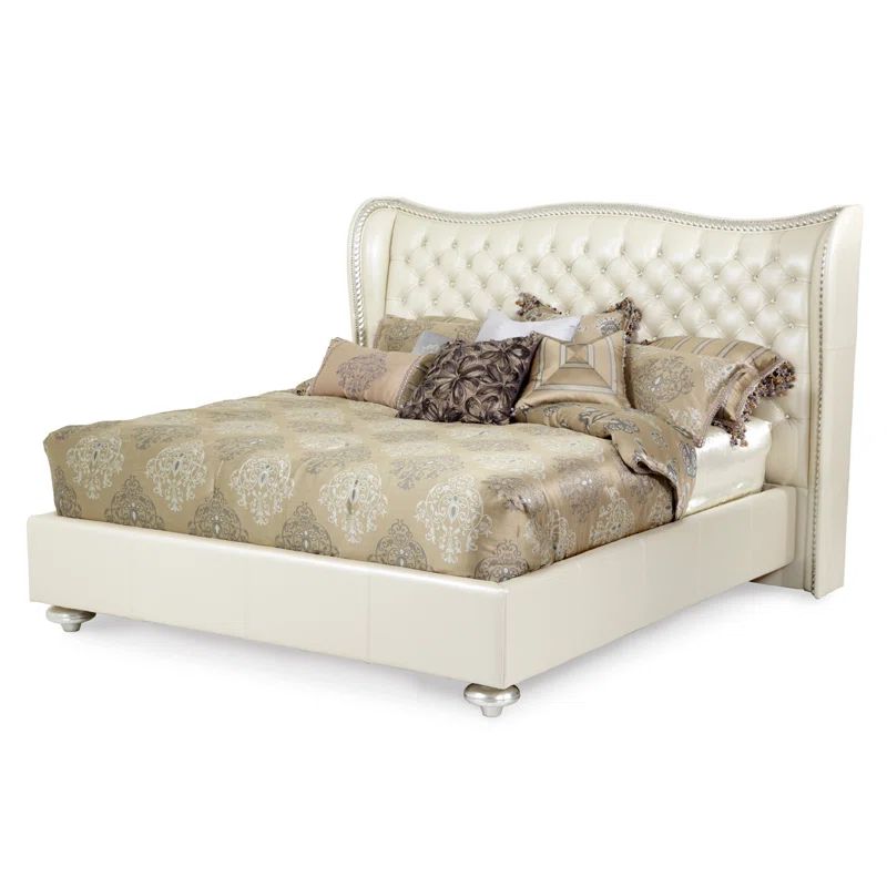 Cream King Leather Upholstered Bed with Tufted Headboard