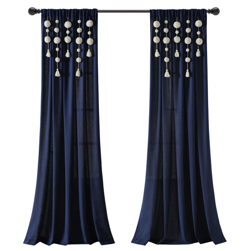 Navy Faux Linen Rod Pocket Sheer Curtain Panel with Tassels