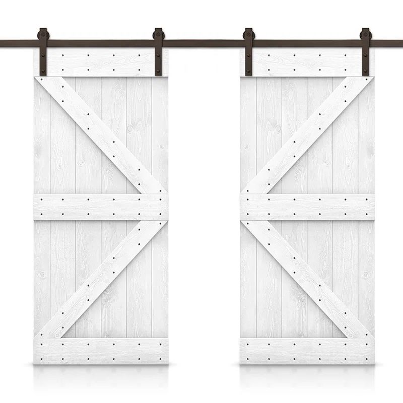 White Stained Solid Pine Double Barn Door with Oil-Rubbed Bronze Hardware