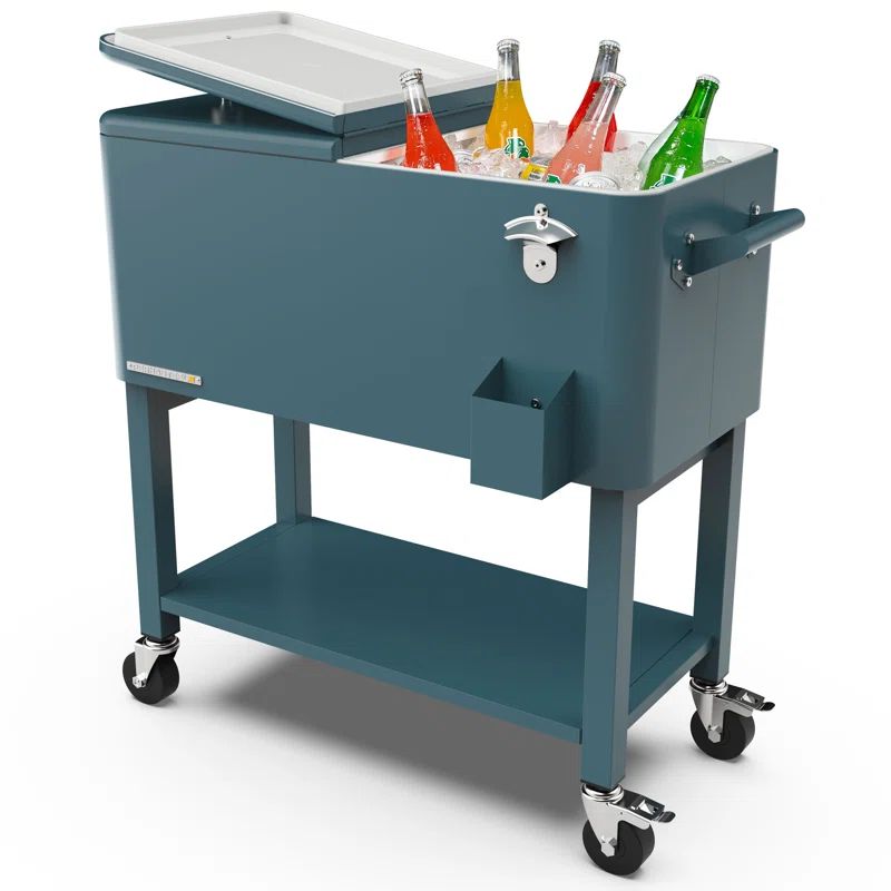 Teal Powder-Coated Steel Rolling Patio Cooler with Removable Basin
