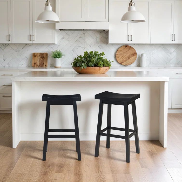 Black Rubberwood Saddle Barstools with Footrest, Set of 2