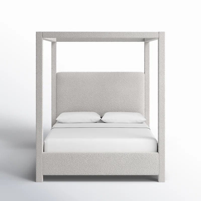 Cream Boucle Fabric Upholstered Queen Canopy Bed with Wood Frame