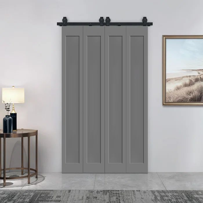 Light Gray Composite Double Bi-Fold Door with Barn Door Hardware Kit