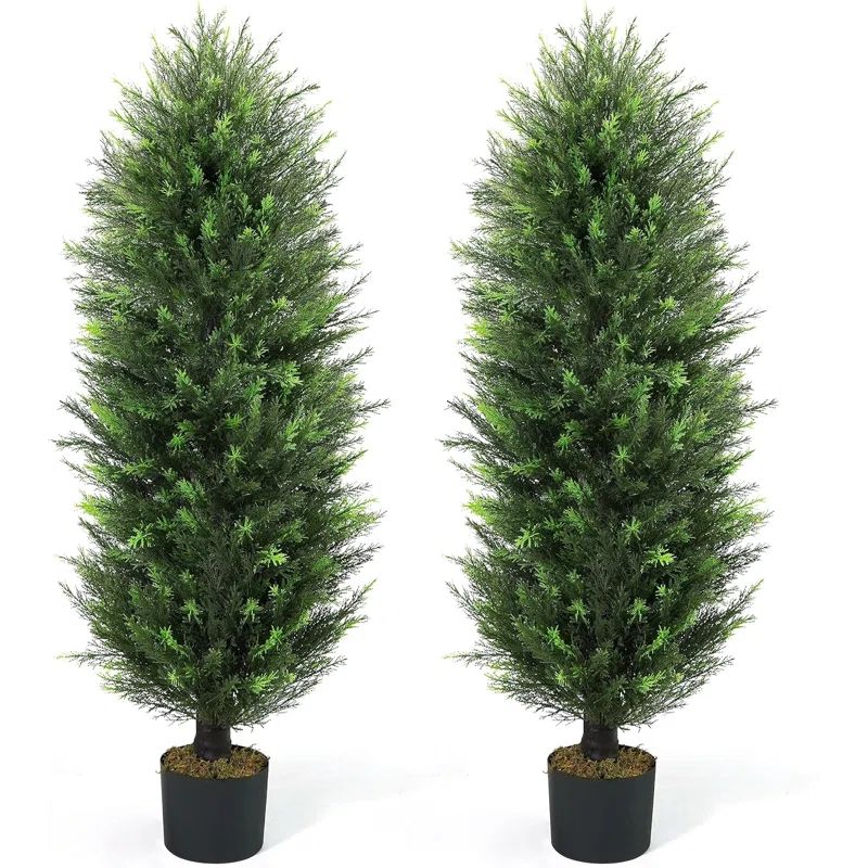 48" Green Artificial Cedar Topiary Trees in Black Plastic Pots