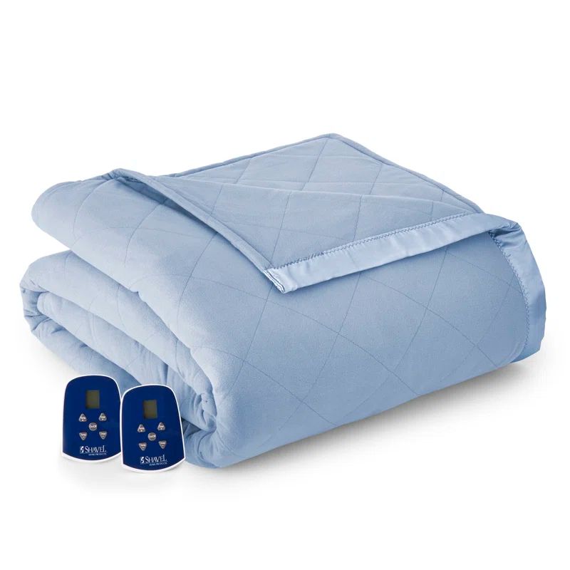Queen Blue Polyester Electric Heated Blanket with Satin Hem
