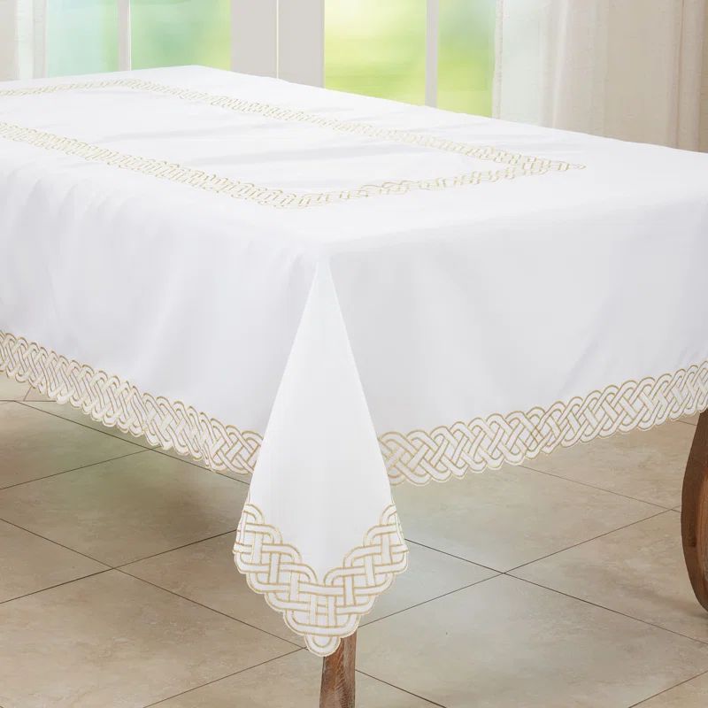 White and Gold Braid Embroidered Fabric Tablecloth