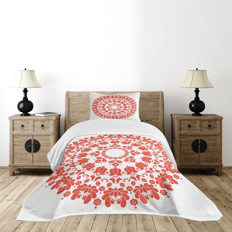 Twin White and Vermilion Mandala Polyester Bedspread Set