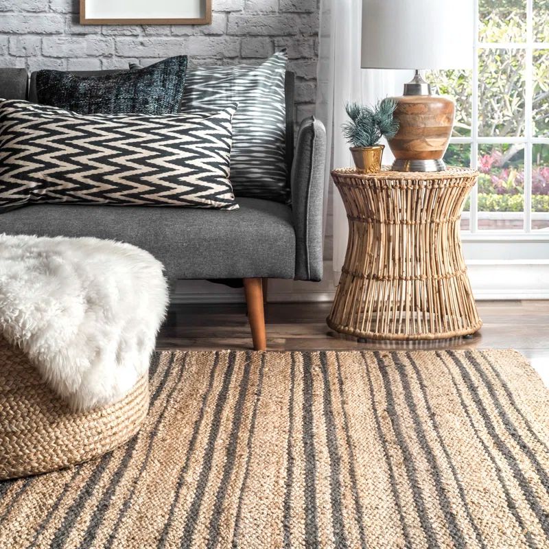 Natural Striped Jute Handmade Square Area Rug