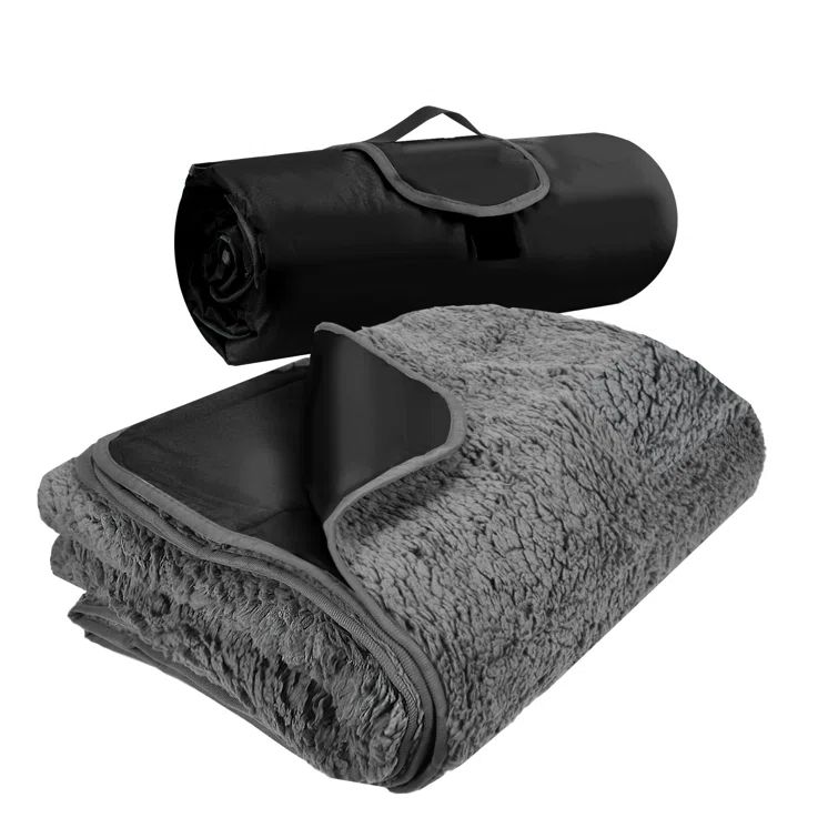 Black and Grey Waterproof Sherpa Fleece Outdoor Blanket 51'' x 59''