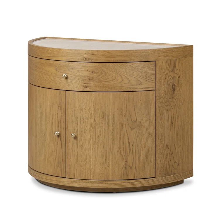 Cream Marble and Oak Veneer Demilune Nightstand with 3 Drawers