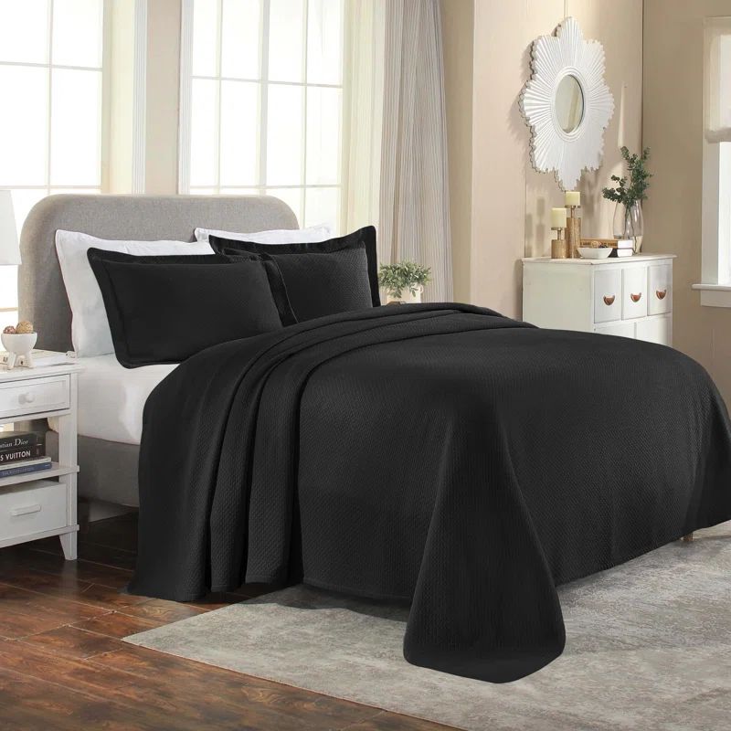 Elegant Black Cotton Reversible Full Bedspread Set with Pillow Shams