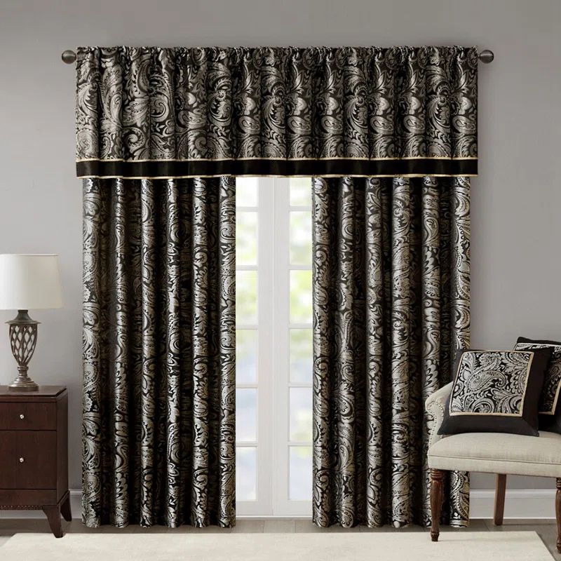 Black Faux Silk Jacquard Light-Filtering Curtain Panel Pair