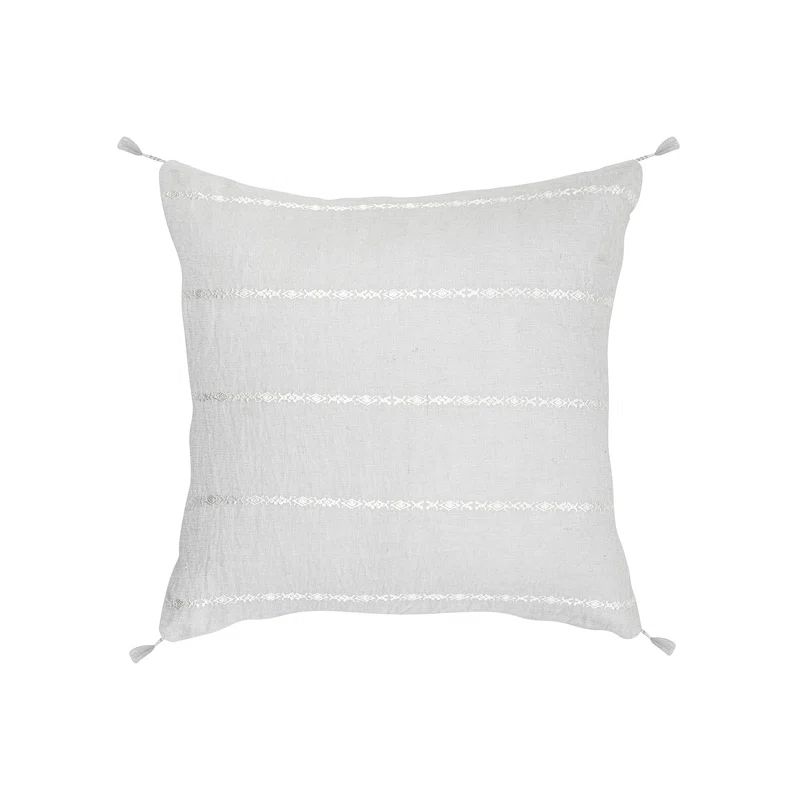 Light Gray and White Embroidered Linen Throw Pillow with Tassels