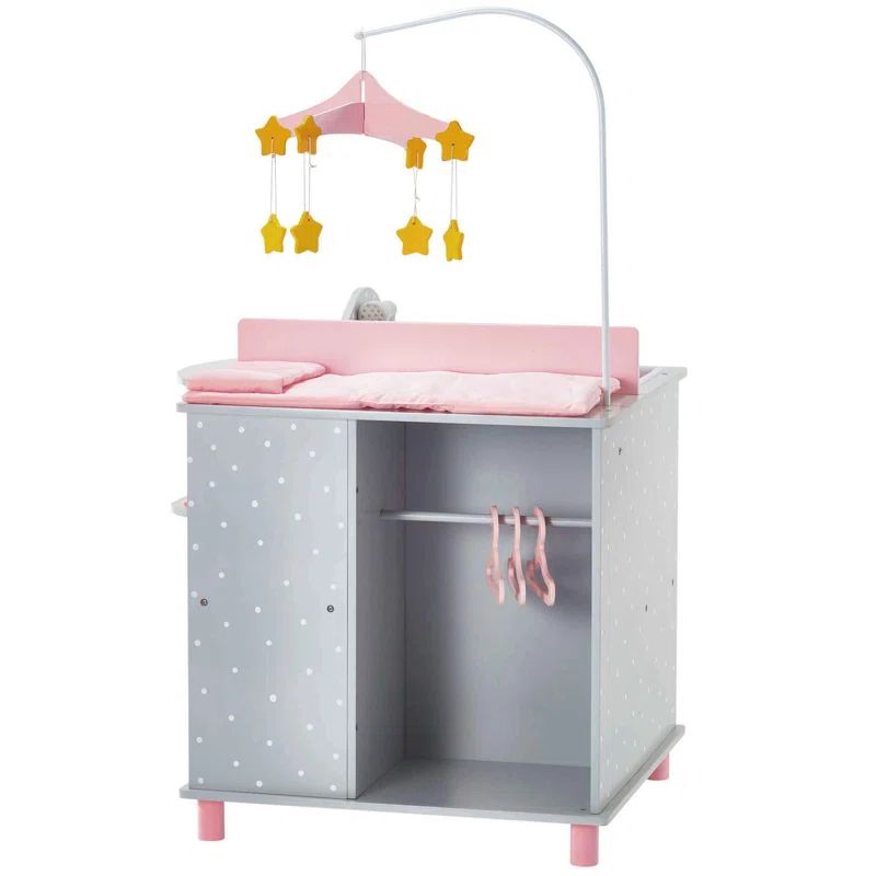 Gray and Pink Polka Dot Wooden Doll Changing Station with Mobile
