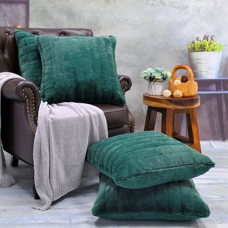 Dark Teal Faux Fur and Sherpa Square Pillow Covers, Set of 4
