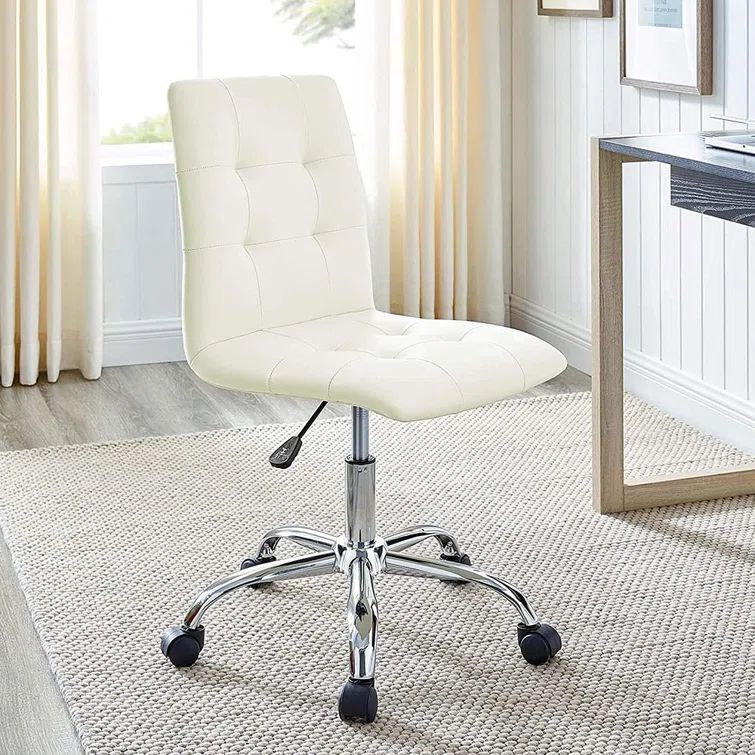 White Faux Leather Armless Swivel Office Chair with Chrome Base
