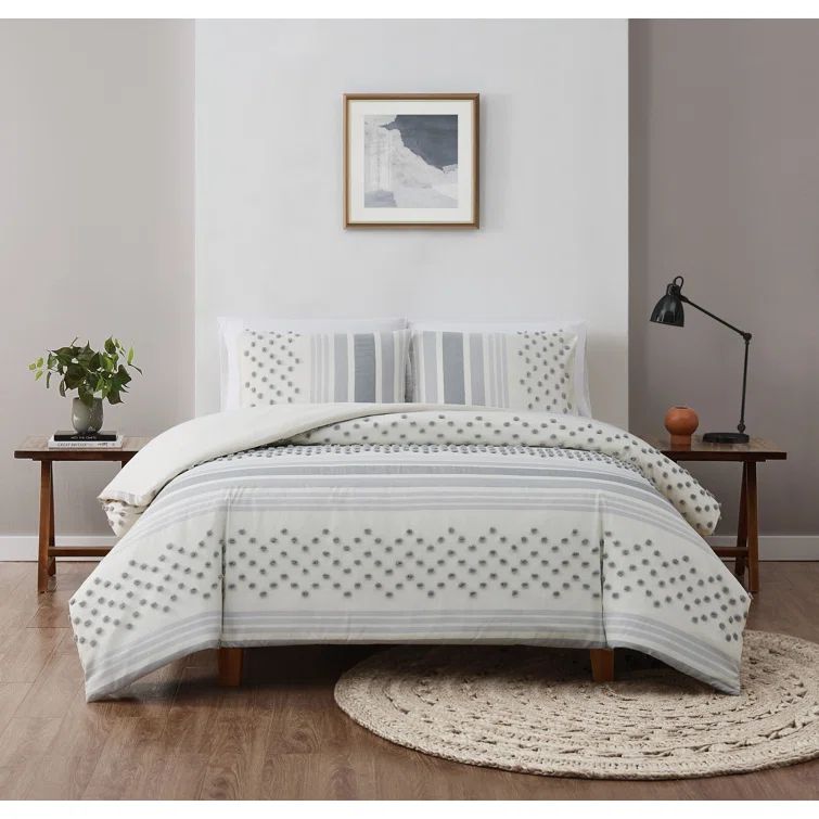 King Size Gray Polyester Tufted Texture Duvet Cover Set
