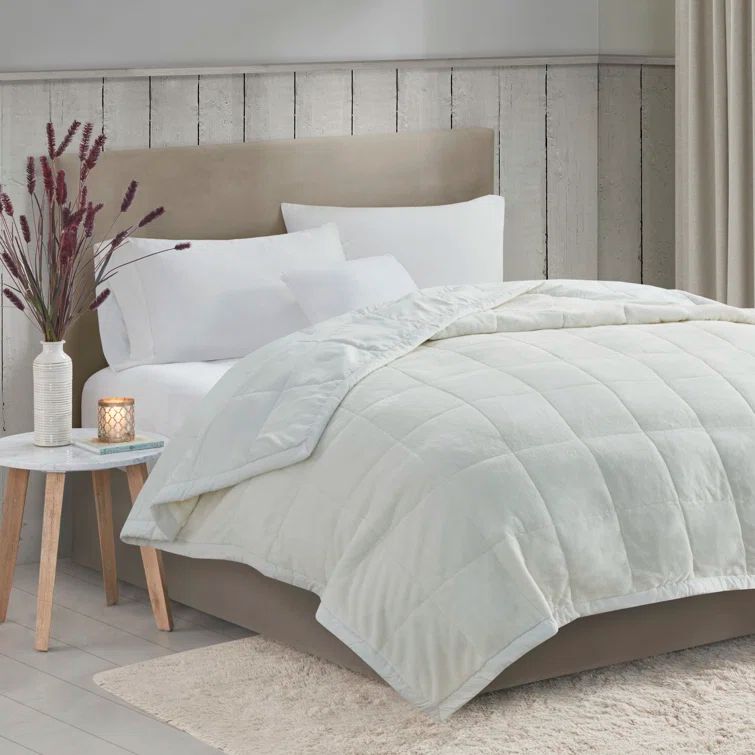 Ivory Twin Reversible Plush to Microfiber Blanket