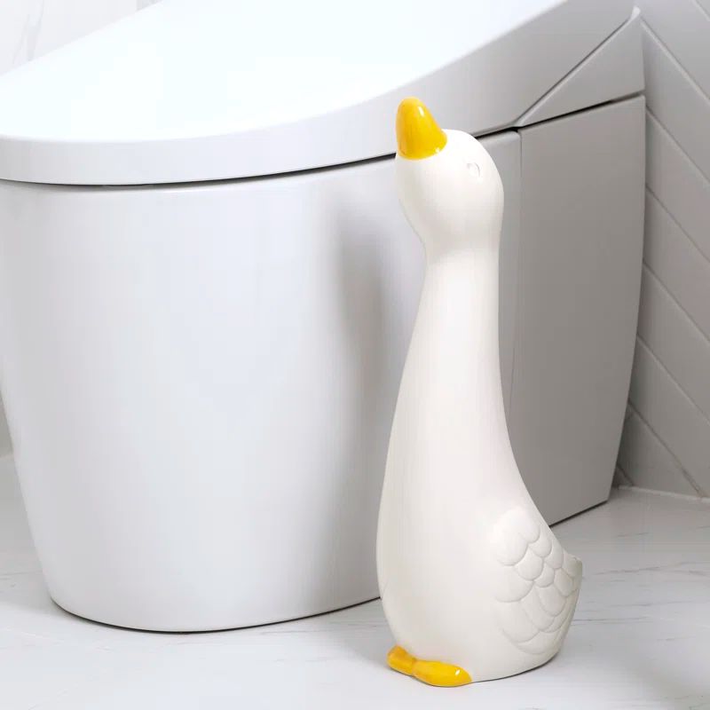 Whimsical White and Yellow Ceramic Duck Toilet Brush Holder