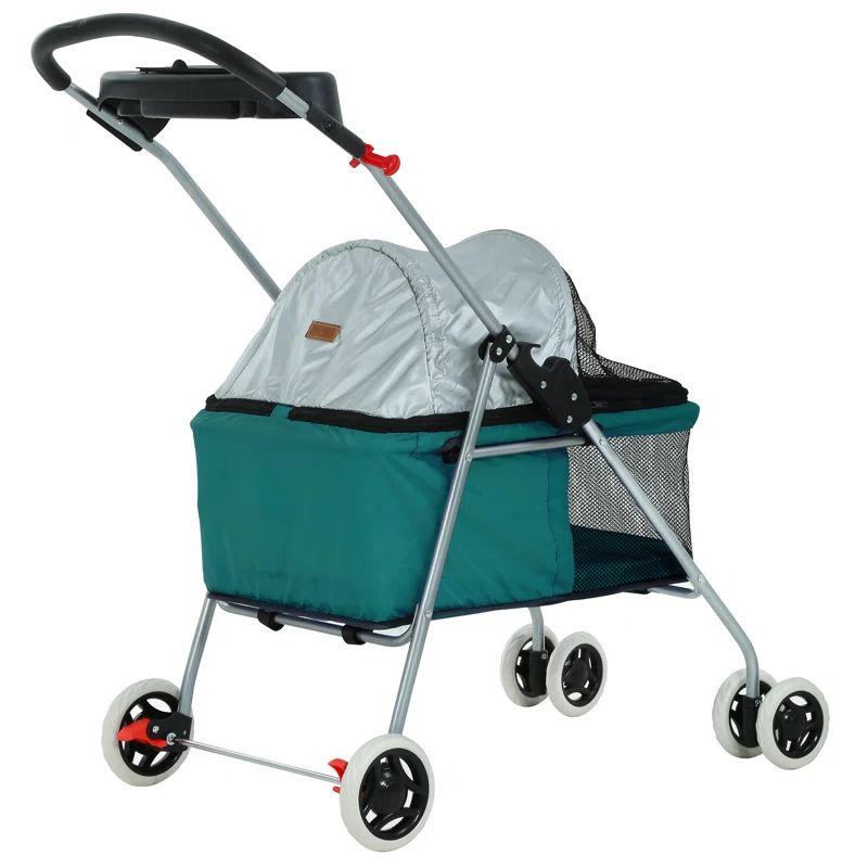 Teal Foldable Pet Stroller with Mesh Windows and Cup Holder