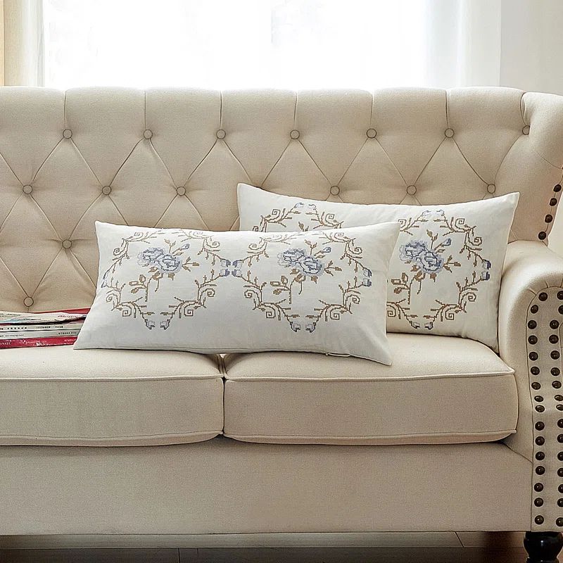 Gray Blue Embroidered Polyester Lumbar Pillow Covers Set