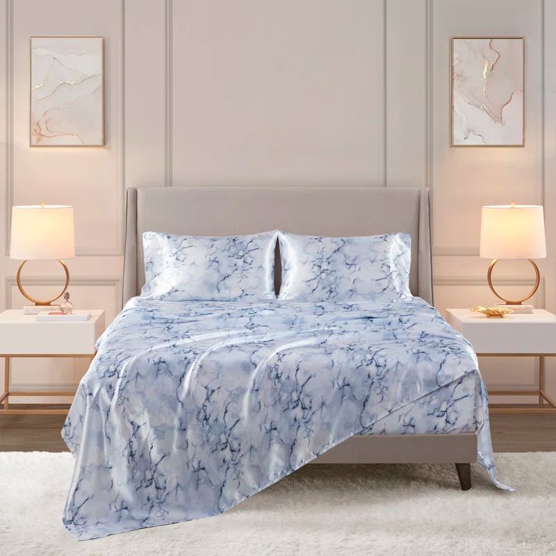 Queen Blue Marble Satin Polyester Sheet Set